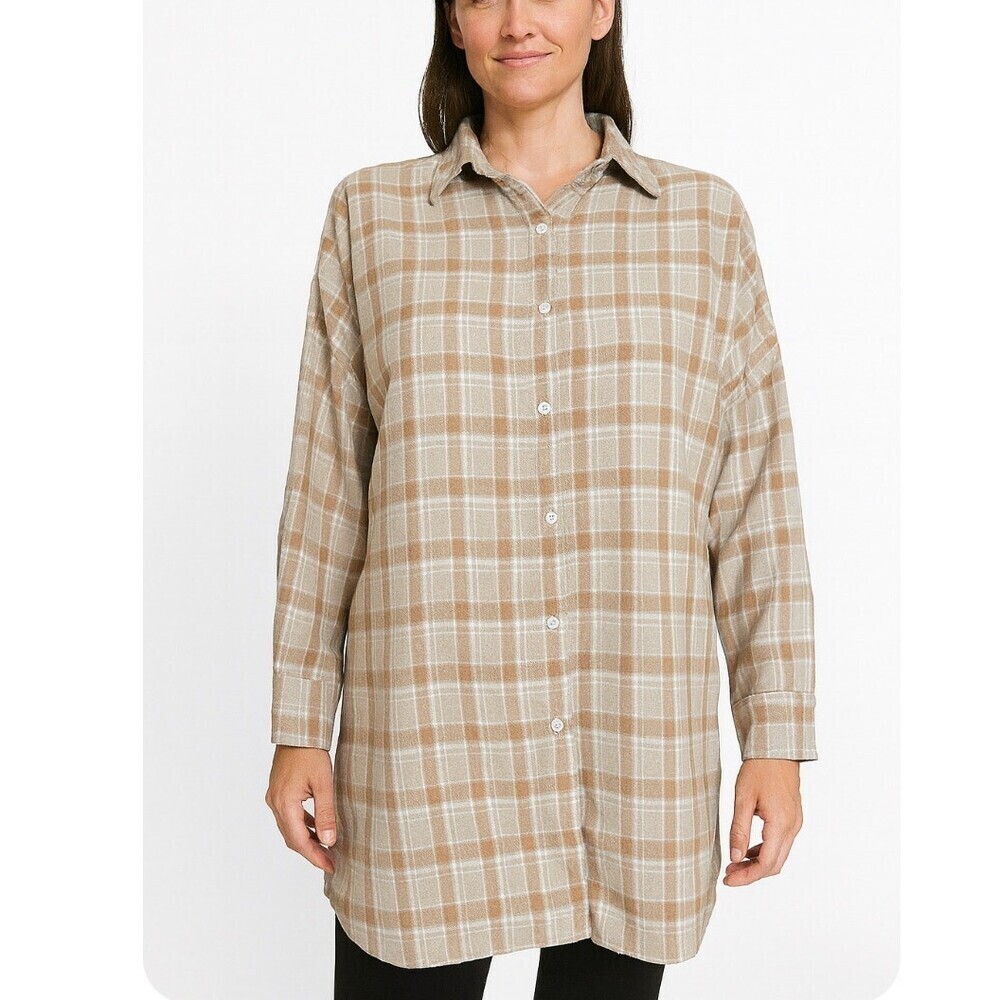SHEIN Long flannel tunic tan/cream button up western Boho SZ SM Long button down